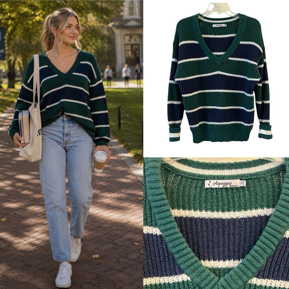 Arpeggio Navy Green Striped Rugby Sweater Women’s Small V-Neck Ribbed Preppy